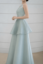 Elisa Blue Satin Tiered V-Neck Dress Avalabel