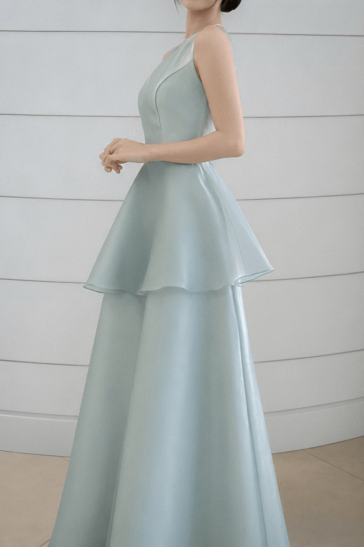 Elisa Blue Satin Tiered V-Neck Dress Avalabel