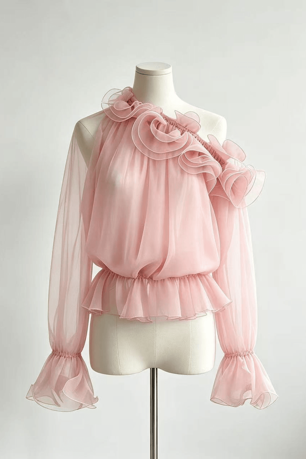 Sienna One Shoulder 3D Ruffle Sheer Chiffon Blouse Avalabel