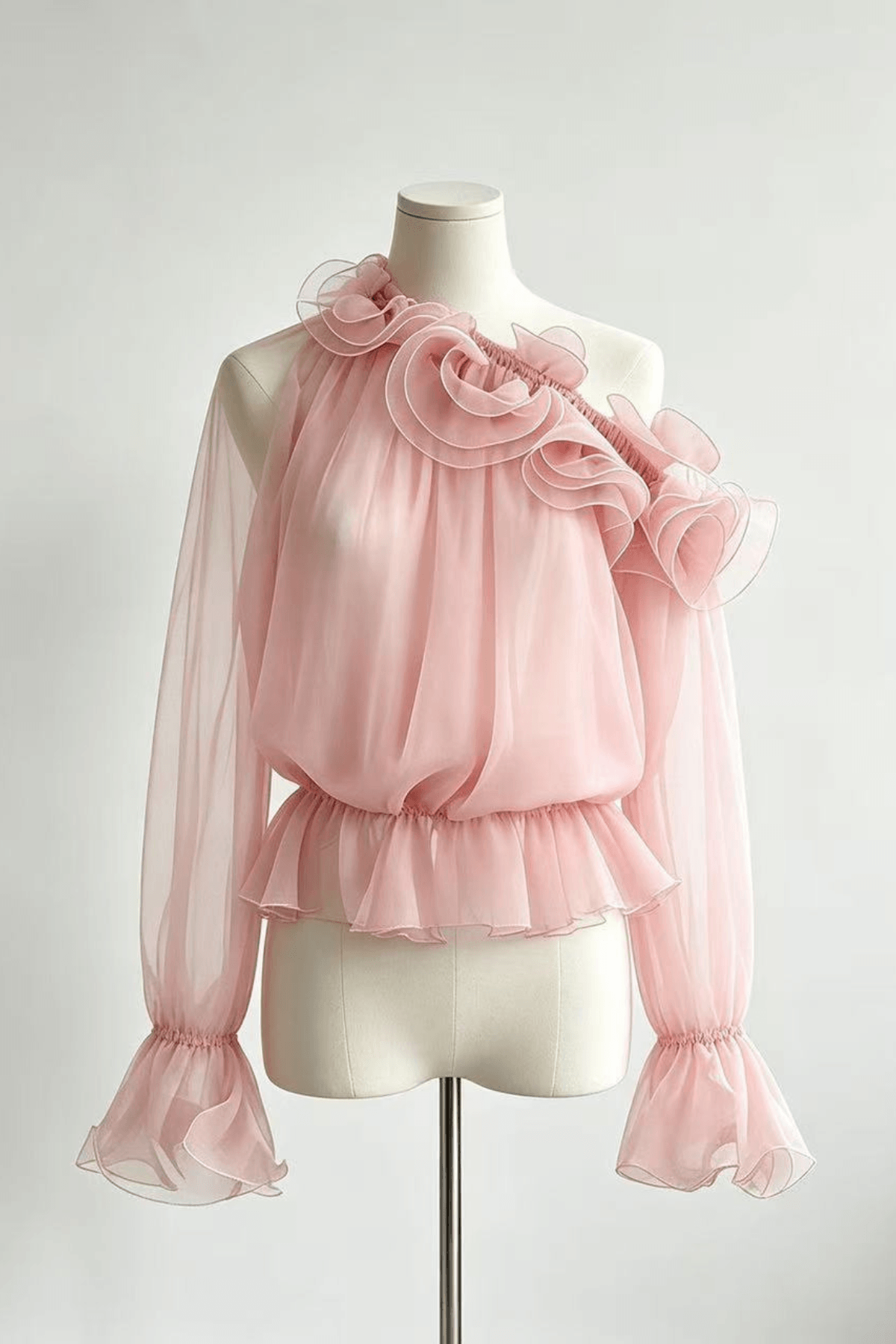 Sienna One Shoulder 3D Ruffle Sheer Chiffon Blouse Avalabel