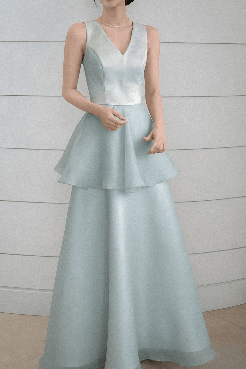 Elisa Blue Satin Tiered V-Neck Dress Avalabel