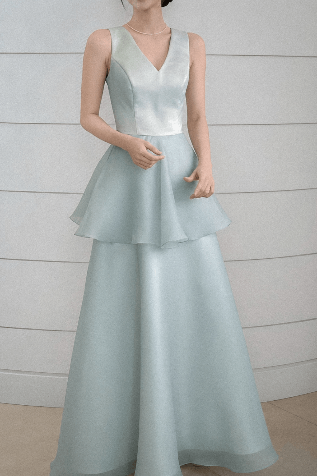 Elisa Blue Satin Tiered V-Neck Dress Avalabel