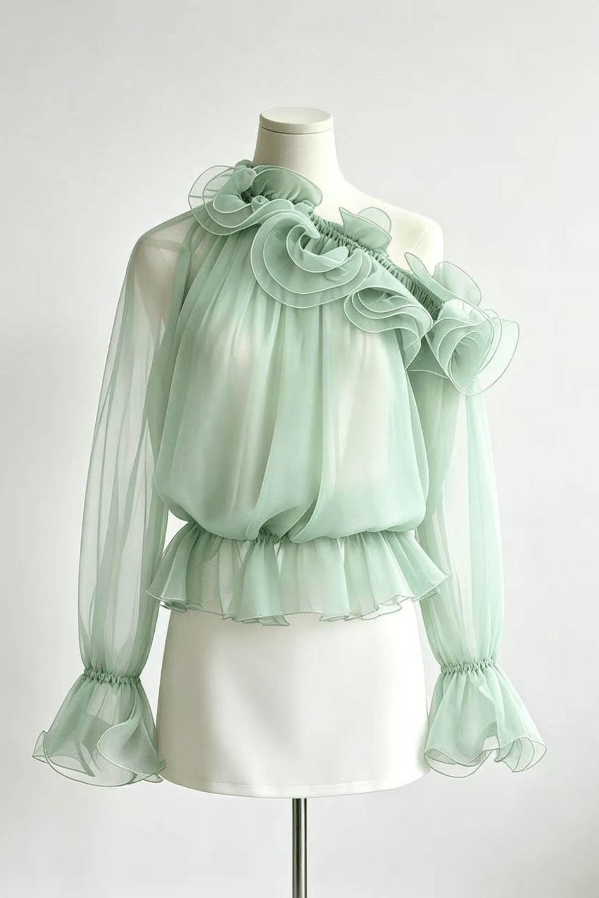 Sienna One Shoulder 3D Ruffle Sheer Chiffon Blouse Avalabel