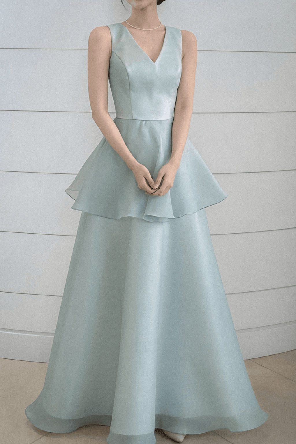 Elisa Blue Satin Tiered V-Neck Dress Avalabel