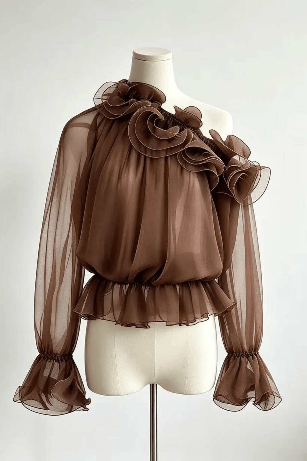 Sienna One Shoulder 3D Ruffle Sheer Chiffon Blouse Avalabel