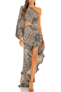 Paisley One‑Shoulder Cutout Ruffle Maxi Dress Avalabel