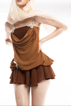 Brown 3D Butterfly Fishbone Tunic Top Mini Skirt Set Avalabel
