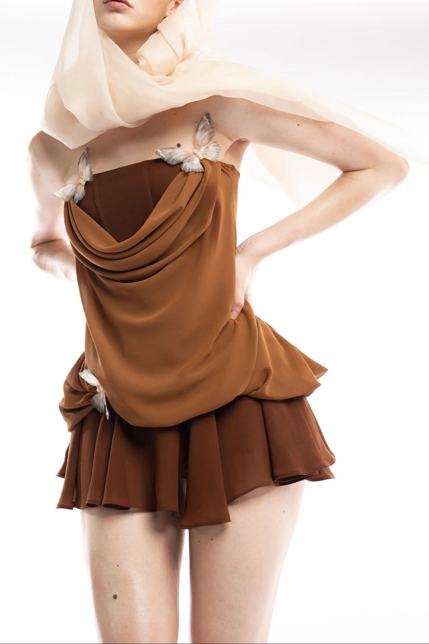 Brown 3D Butterfly Fishbone Tunic Top Mini Skirt Set Avalabel
