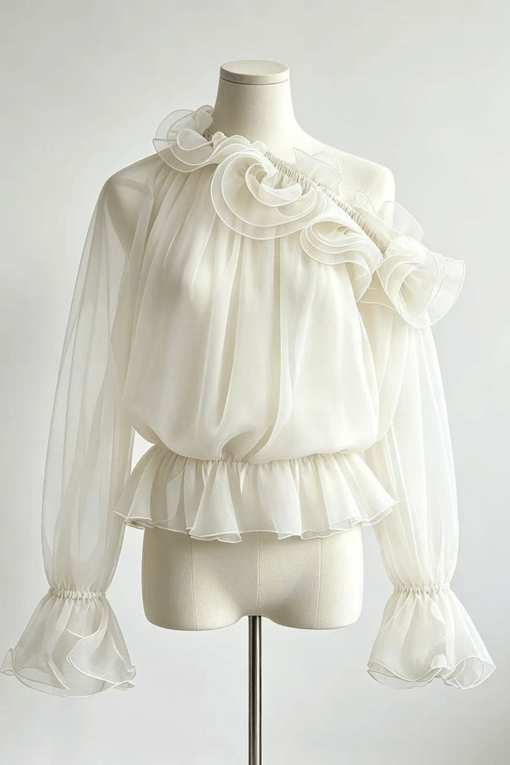 Sienna One Shoulder 3D Ruffle Sheer Chiffon Blouse Avalabel