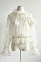 Sienna One Shoulder 3D Ruffle Sheer Chiffon Blouse Avalabel