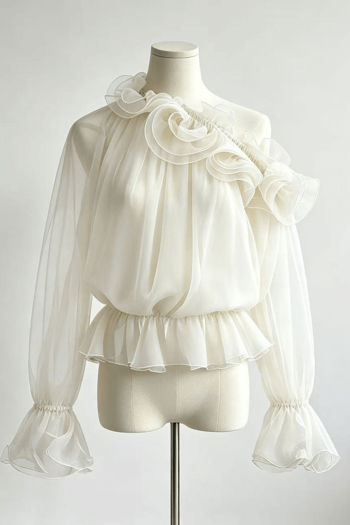 Sienna One Shoulder 3D Ruffle Sheer Chiffon Blouse Avalabel