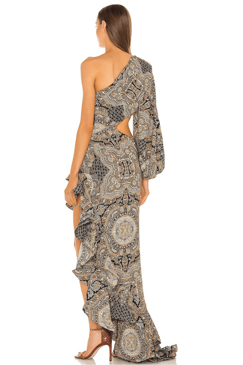 Paisley One‑Shoulder Cutout Ruffle Maxi Dress Avalabel