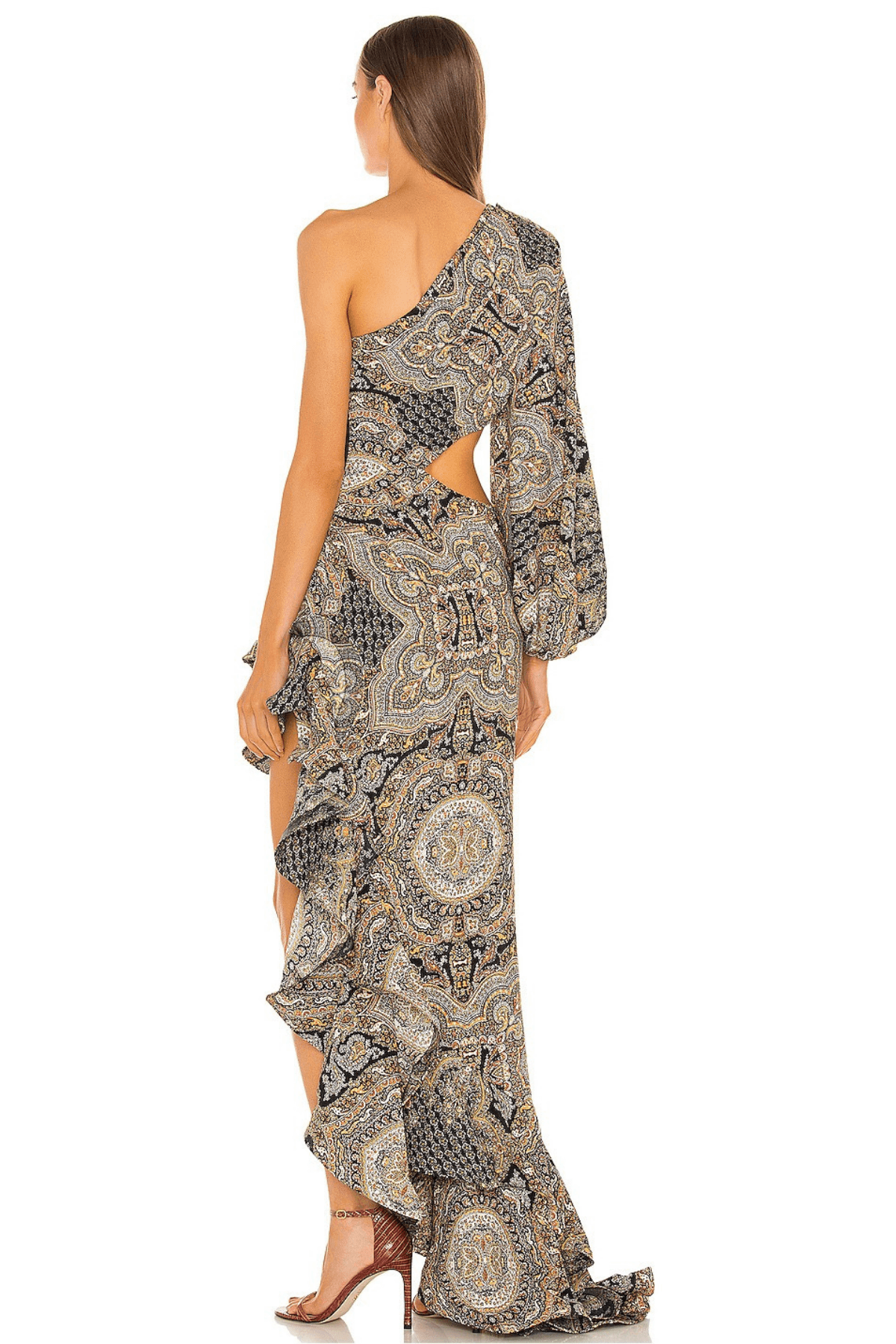 Paisley One‑Shoulder Cutout Ruffle Maxi Dress Avalabel
