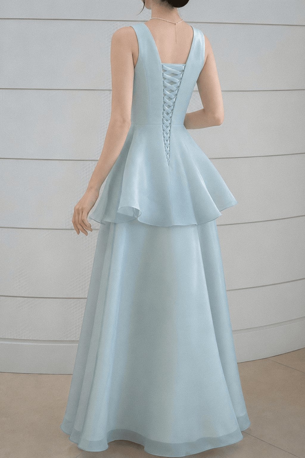 Elisa Blue Satin Tiered V-Neck Dress Avalabel