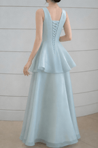 Elisa Blue Satin Tiered V-Neck Dress Avalabel