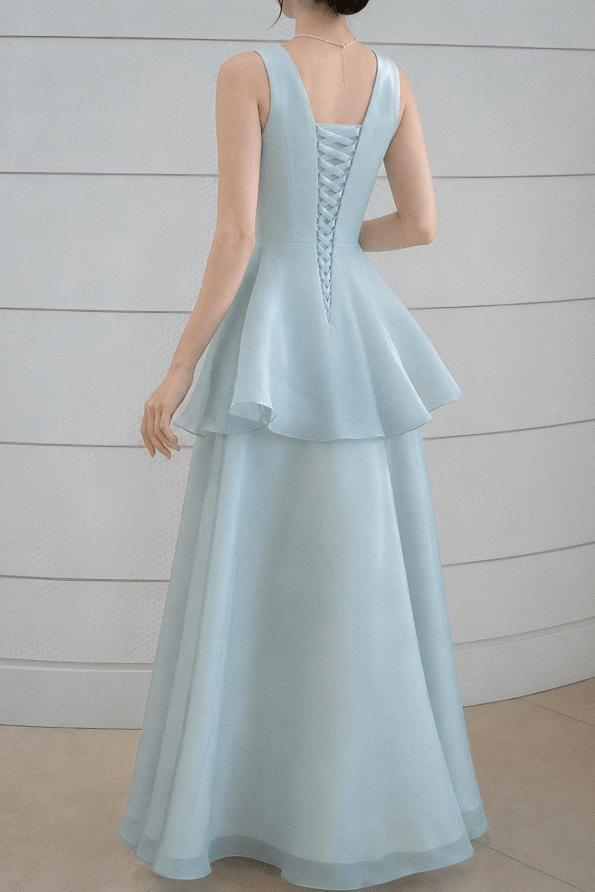 Elisa Blue Satin Tiered V-Neck Dress Avalabel