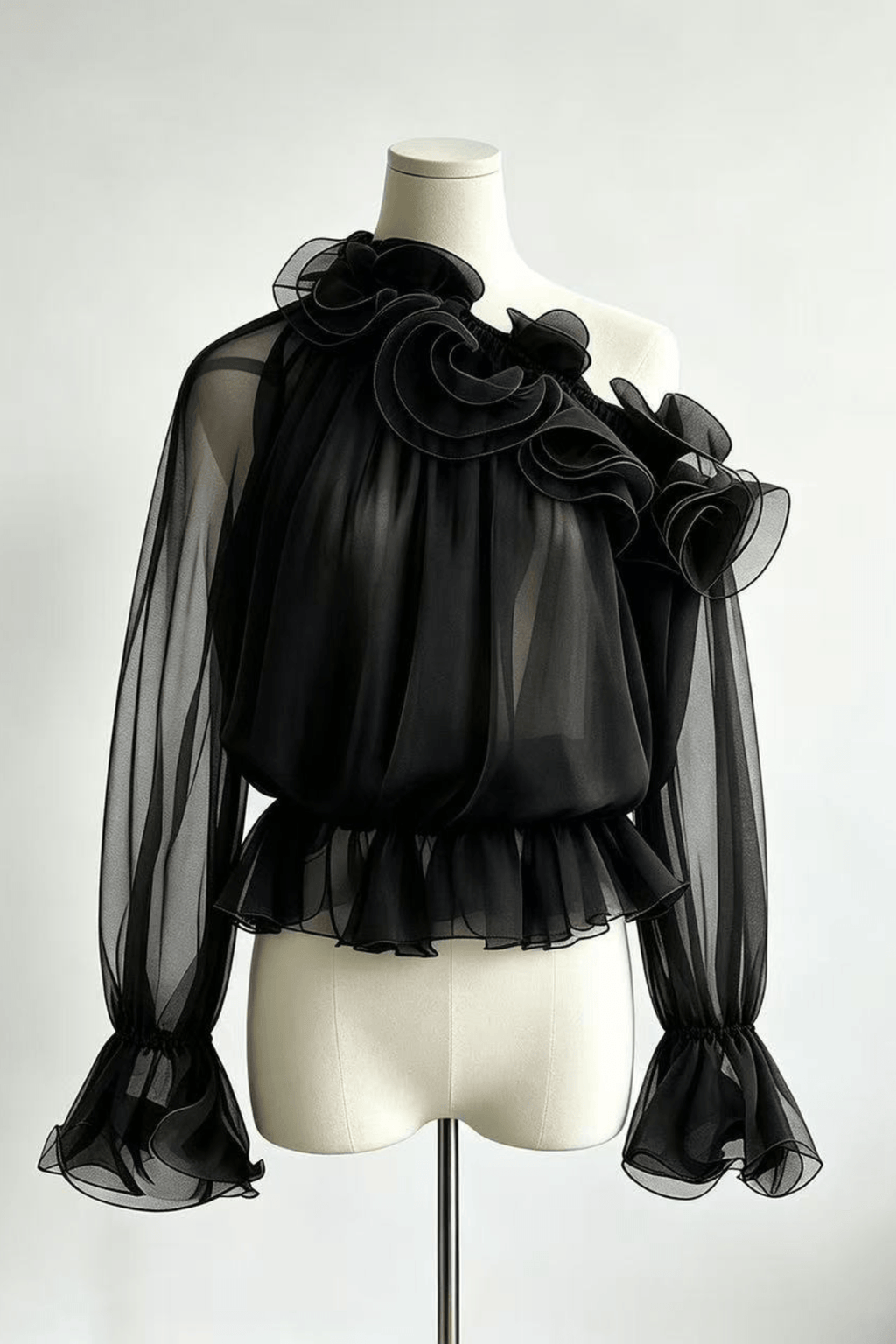 Sienna One Shoulder 3D Ruffle Sheer Chiffon Blouse Avalabel