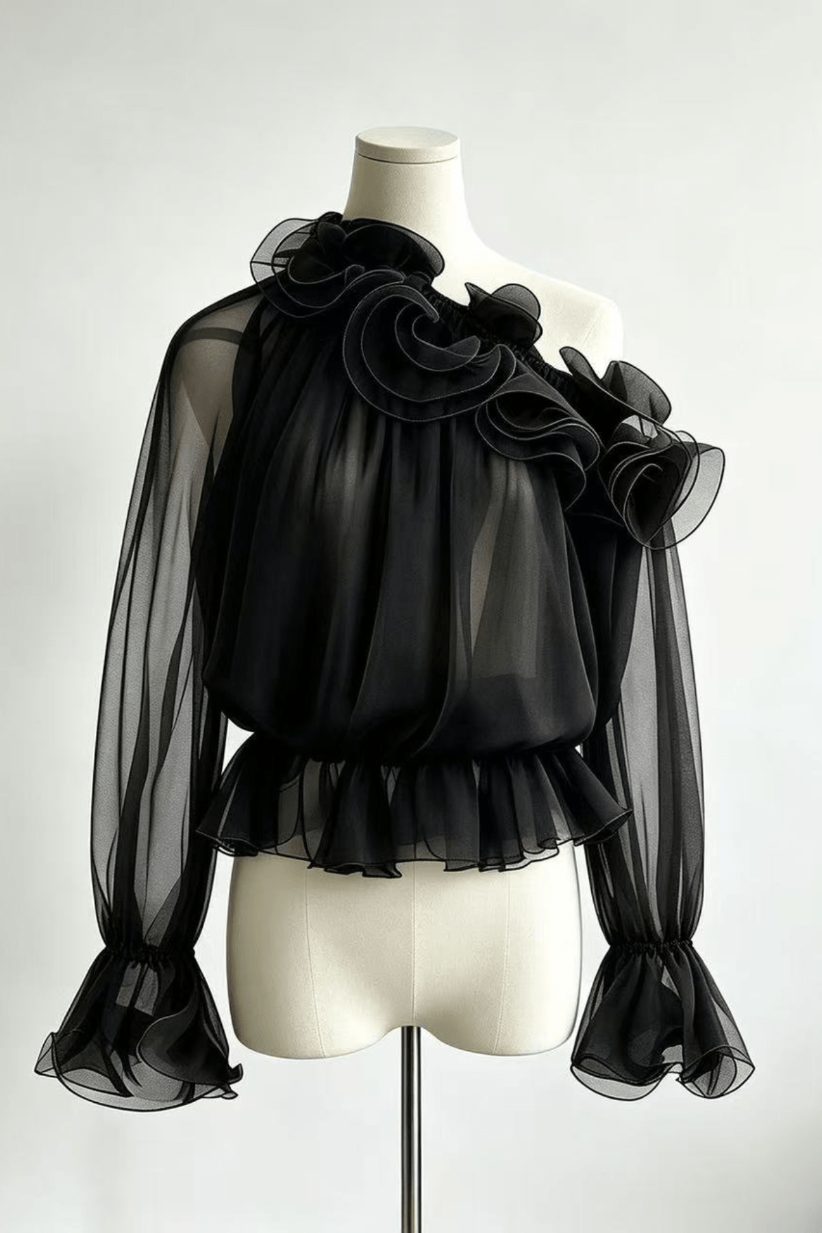 Sienna One Shoulder 3D Ruffle Sheer Chiffon Blouse Avalabel