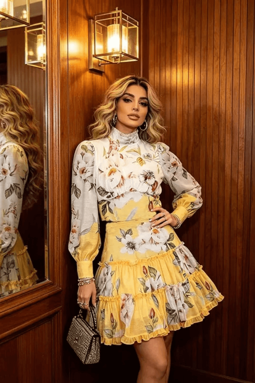 Jackie Yellow Floral Puff Sleeve Skirt Set Avalabel