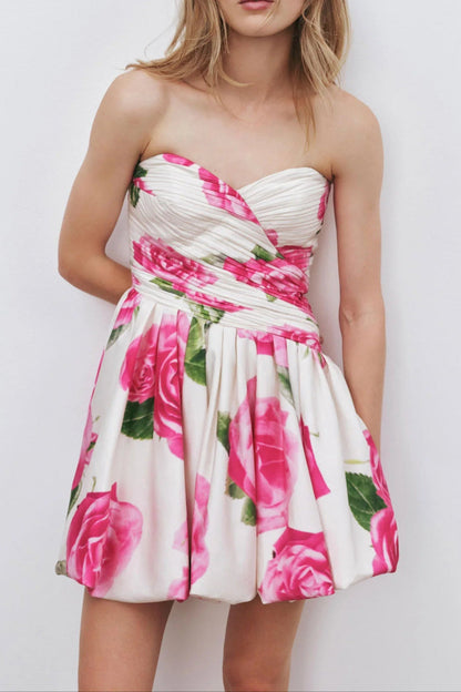Rose Light Bubble Hem Strapless Mini Dress