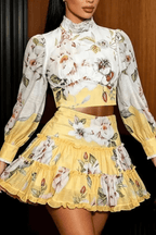 Jackie Yellow Floral Puff Sleeve Skirt Set Avalabel