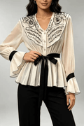Aileen Cream Floral Belted Peplum Bell Sleeve Blouse Avalabel