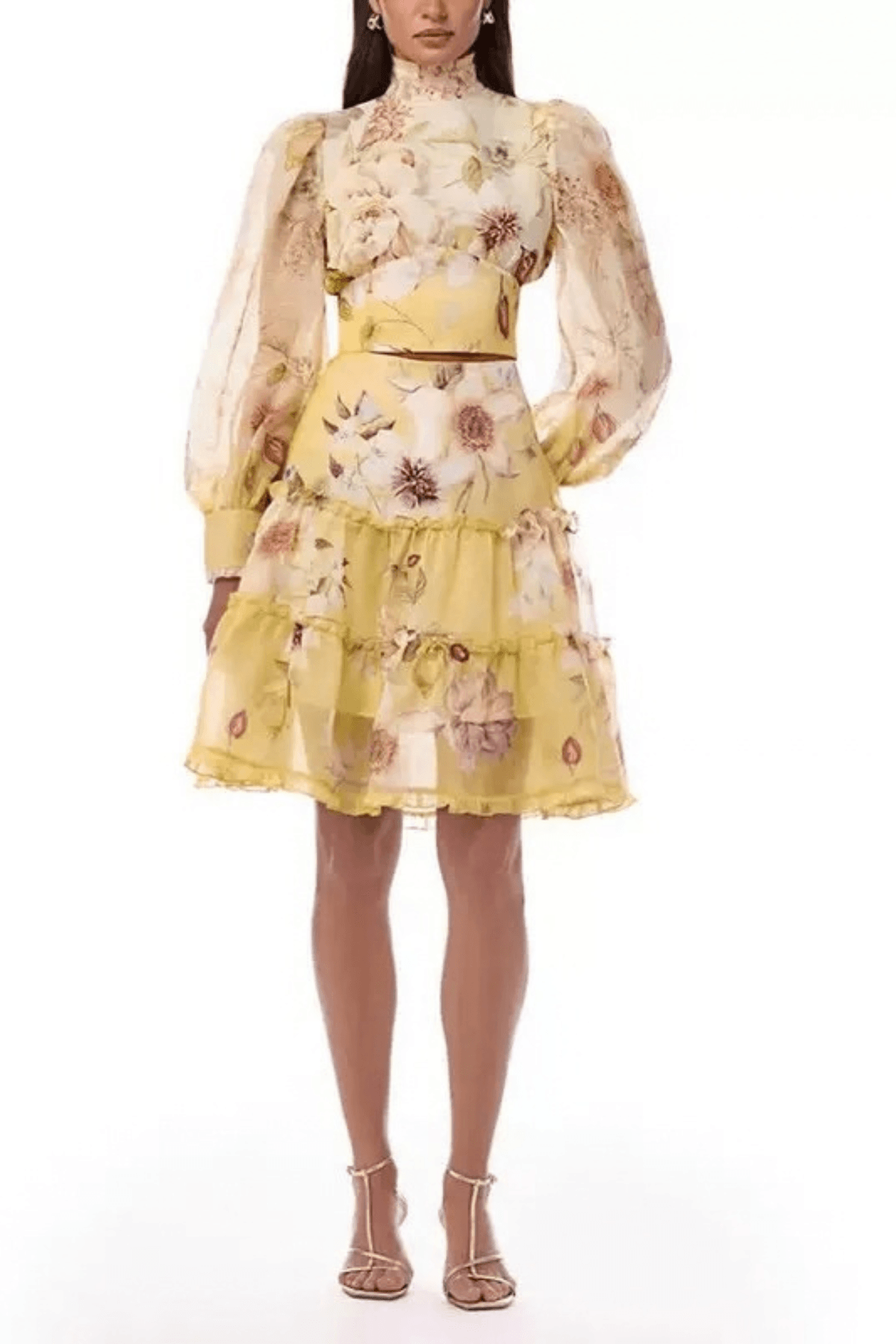 Jackie Yellow Floral Puff Sleeve Skirt Set Avalabel