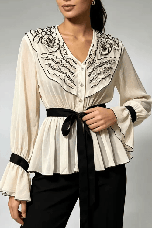 Aileen Cream Floral Belted Peplum Bell Sleeve Blouse Avalabel