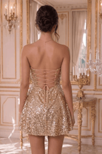 Aria Champagne Gold Sequin Strapless Mini Dress Avalabel