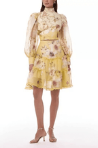 Jackie Yellow Floral Puff Sleeve Skirt Set Avalabel