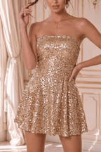 Aria Champagne Gold Sequin Strapless Mini Dress Avalabel