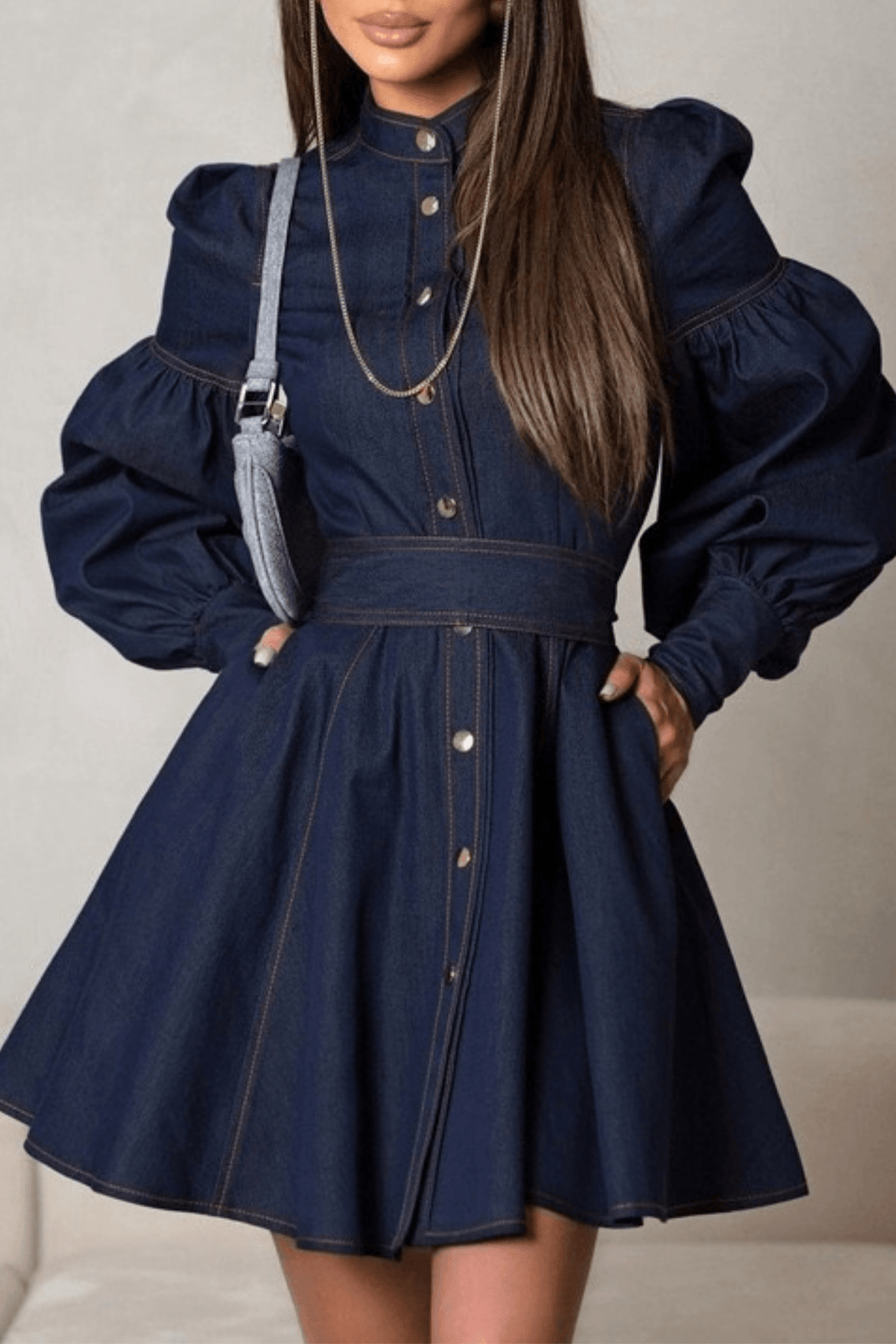 Ivana Puff Sleeve Belted Denim Mini Dress Avalabel
