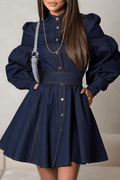 Ivana Puff Sleeve Belted Denim Mini Dress Avalabel