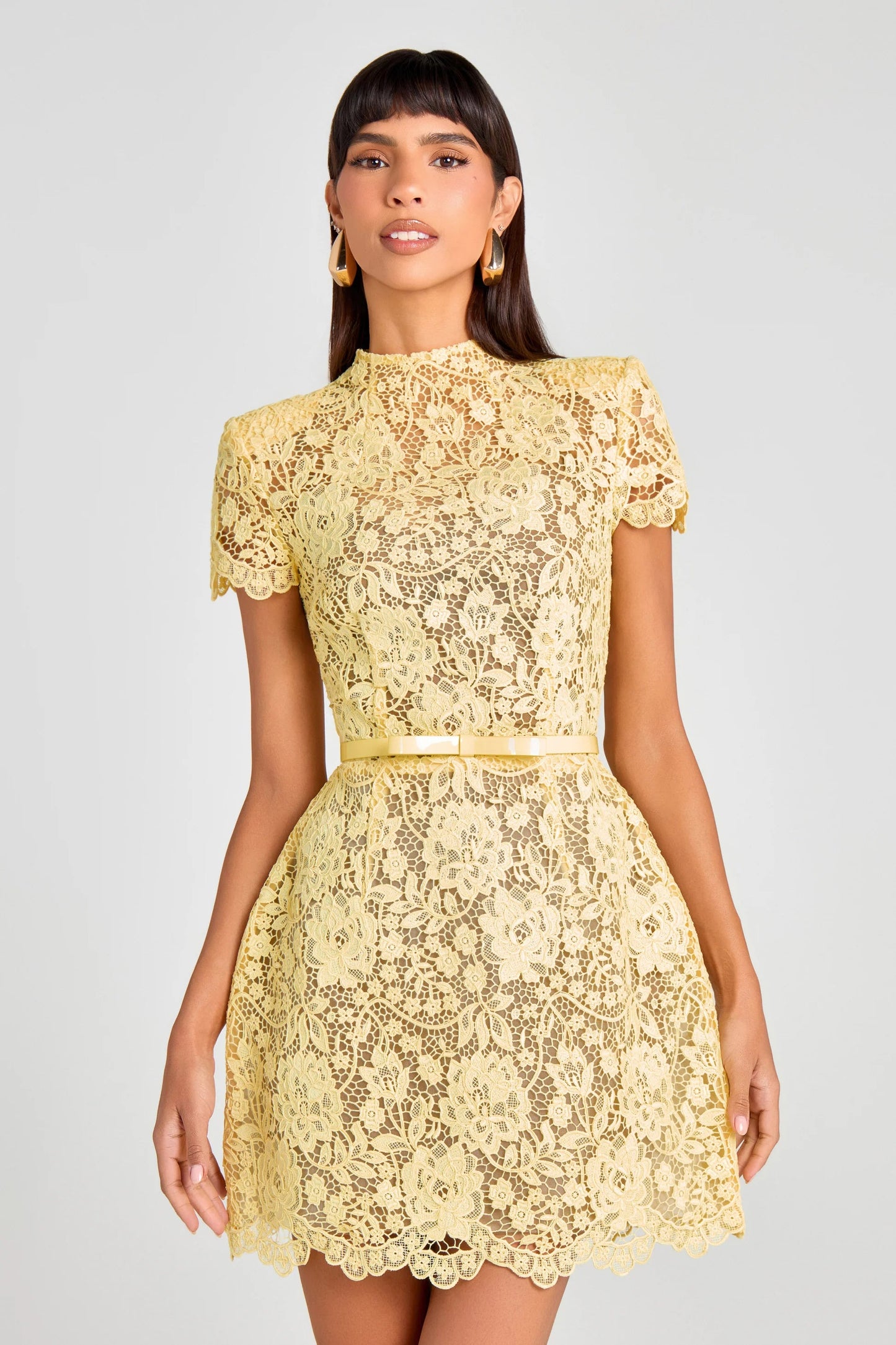 Hollow Lace Bow Belt Mini Dress in Yellow