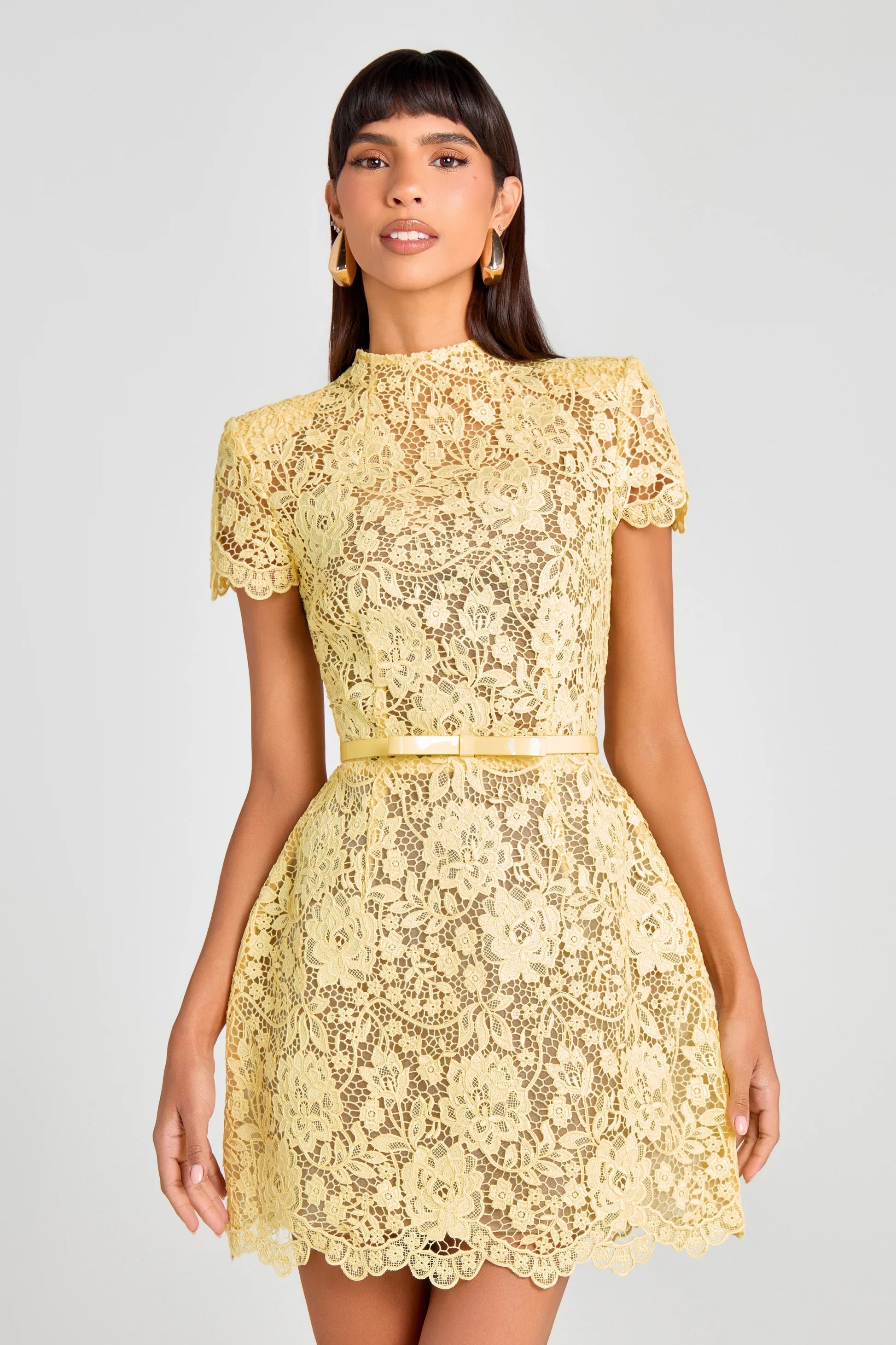 Hollow Lace Bow Belt Mini Dress in Yellow Avalabel