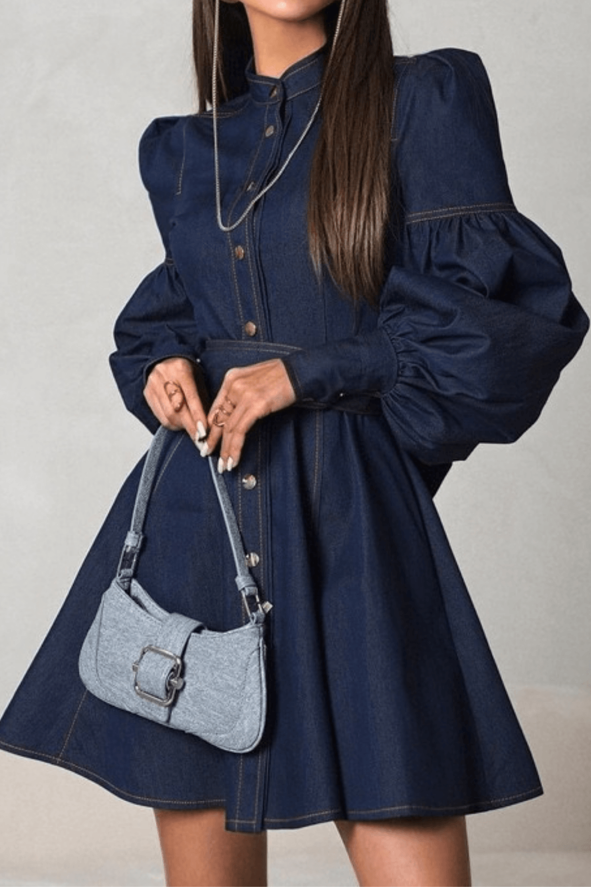 Ivana Puff Sleeve Belted Denim Mini Dress Avalabel