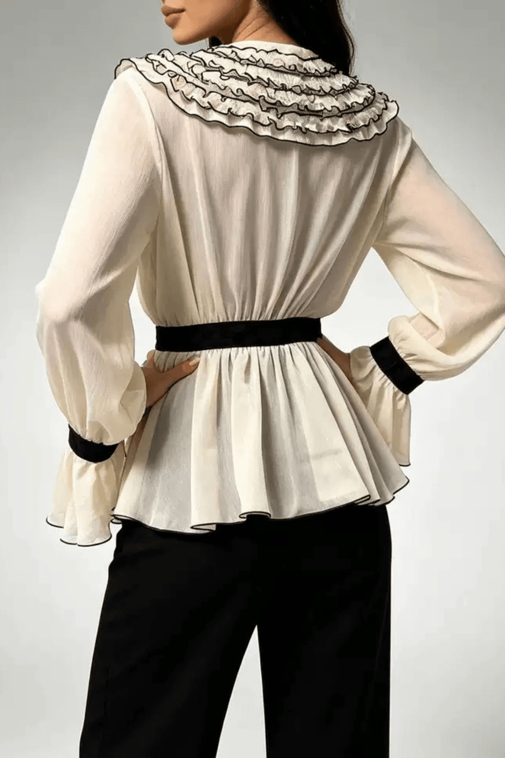 Aileen Cream Floral Belted Peplum Bell Sleeve Blouse Avalabel
