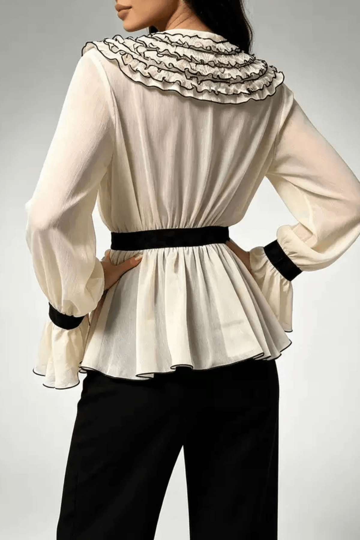 Aileen Cream Floral Belted Peplum Bell Sleeve Blouse Avalabel