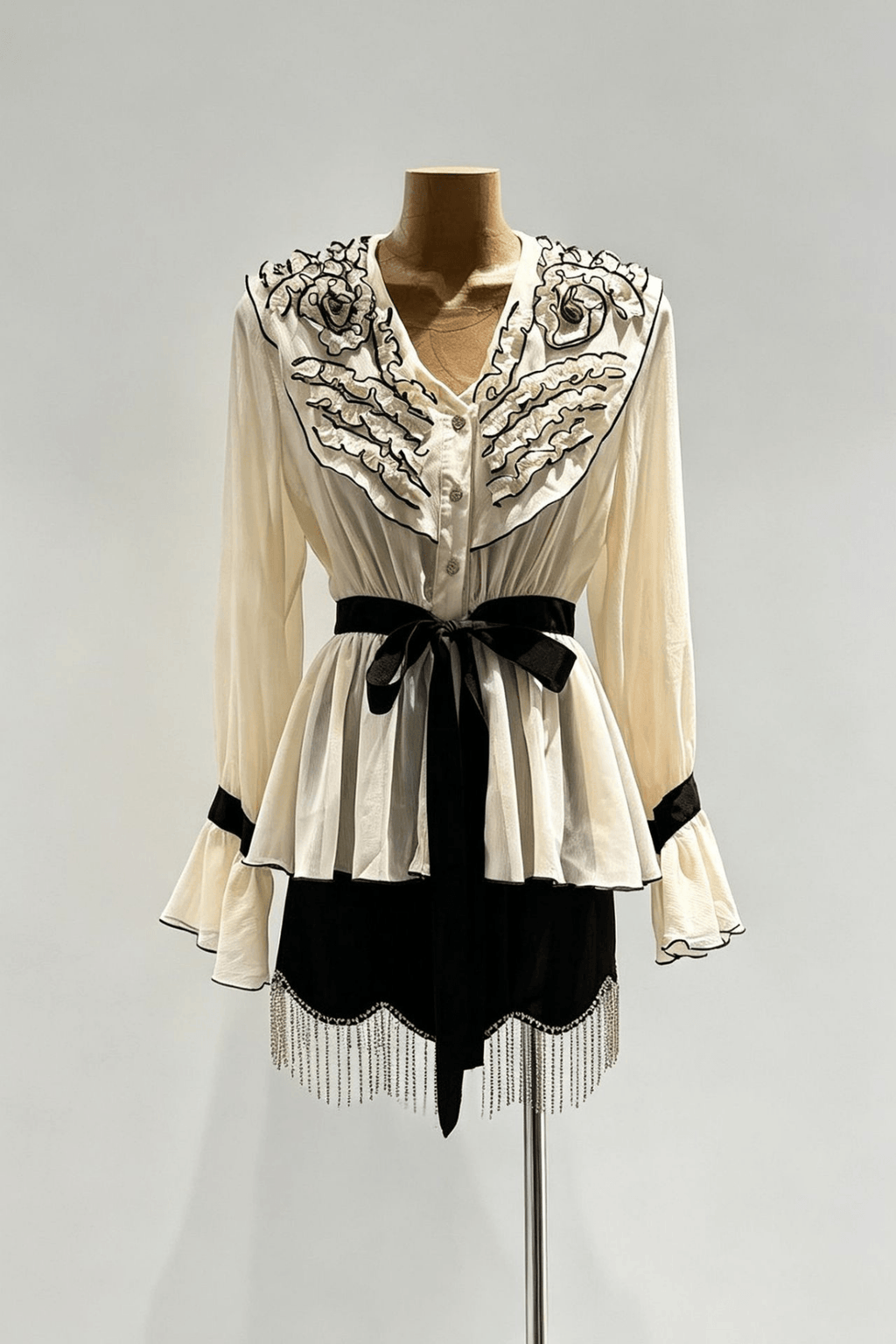 Aileen Cream Floral Belted Peplum Bell Sleeve Blouse Avalabel