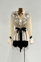 Aileen Cream Floral Belted Peplum Bell Sleeve Blouse Avalabel