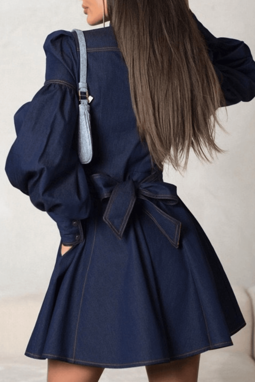 Ivana Puff Sleeve Belted Denim Mini Dress Avalabel