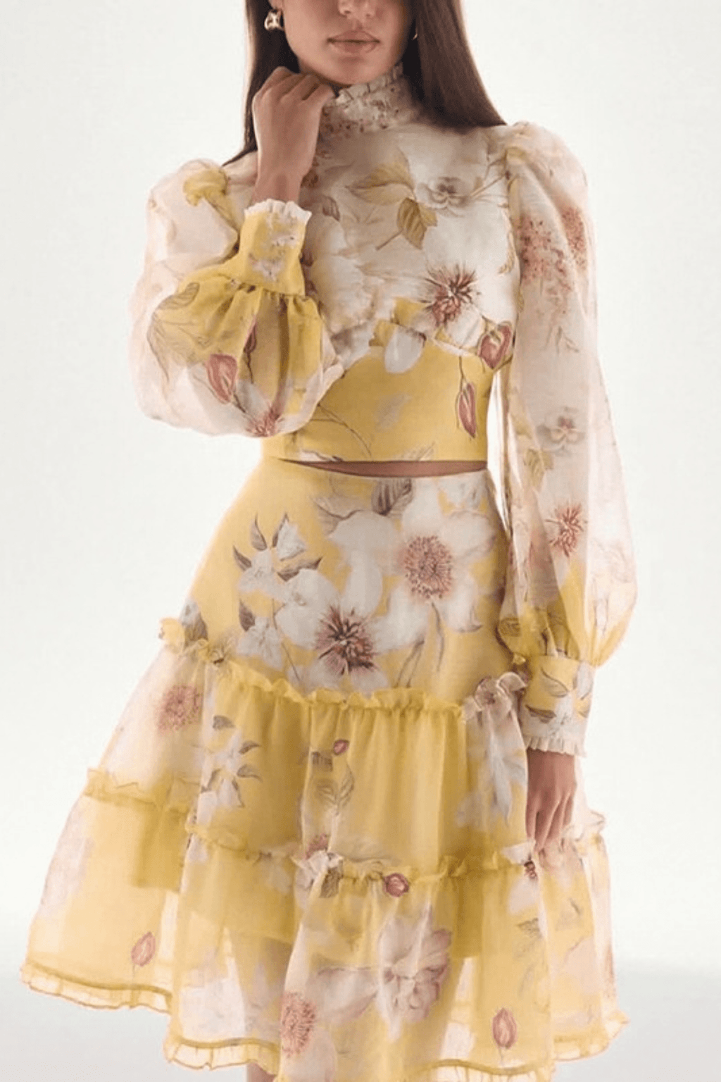 Jackie Yellow Floral Puff Sleeve Skirt Set Avalabel