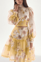 Jackie Yellow Floral Puff Sleeve Skirt Set Avalabel