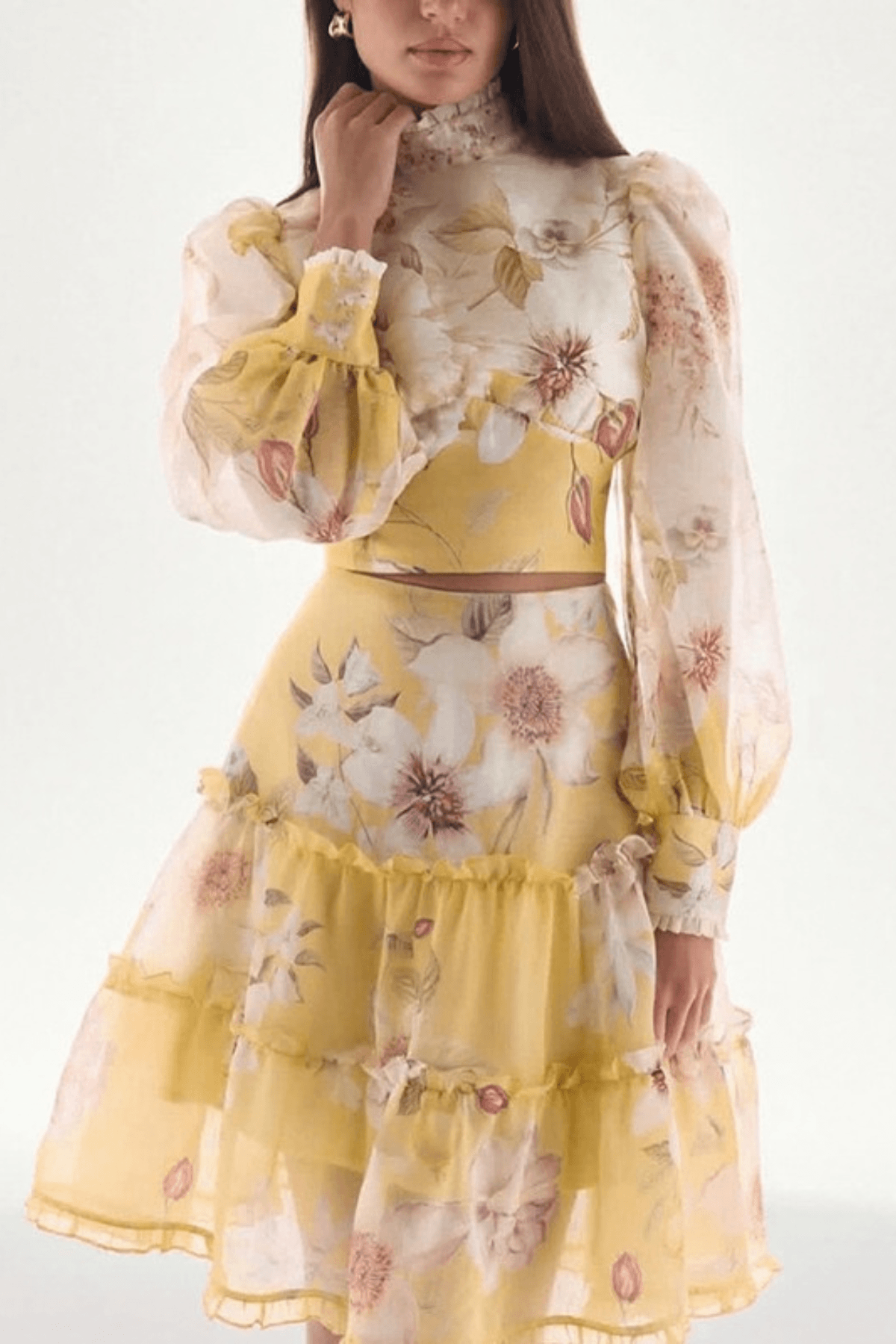 Jackie Yellow Floral Puff Sleeve Skirt Set Avalabel