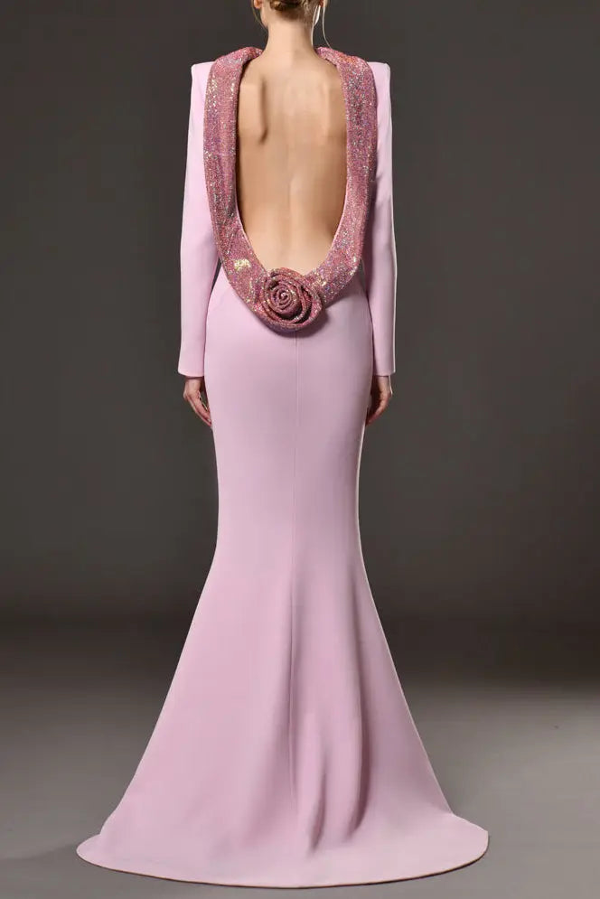violet Pink crêpe maxi dress with crystal chainmail flower Avalabel