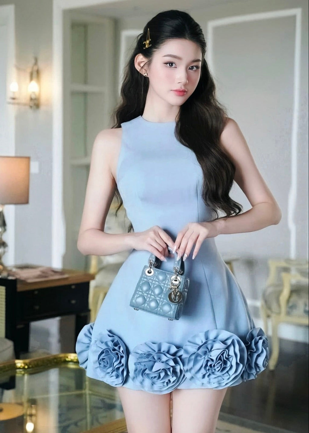 Woman in a light blue dress holding a matching handbag in an indoor setting.