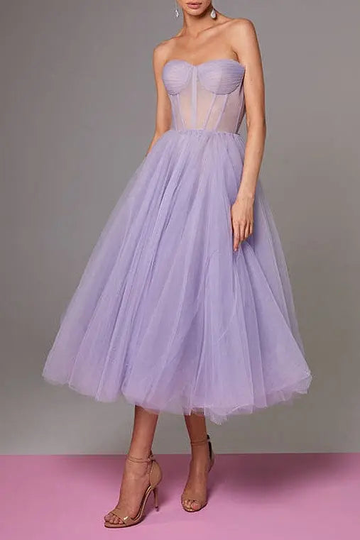 Lavender Strapless Puffy Midi Tulle Dress Avalabel