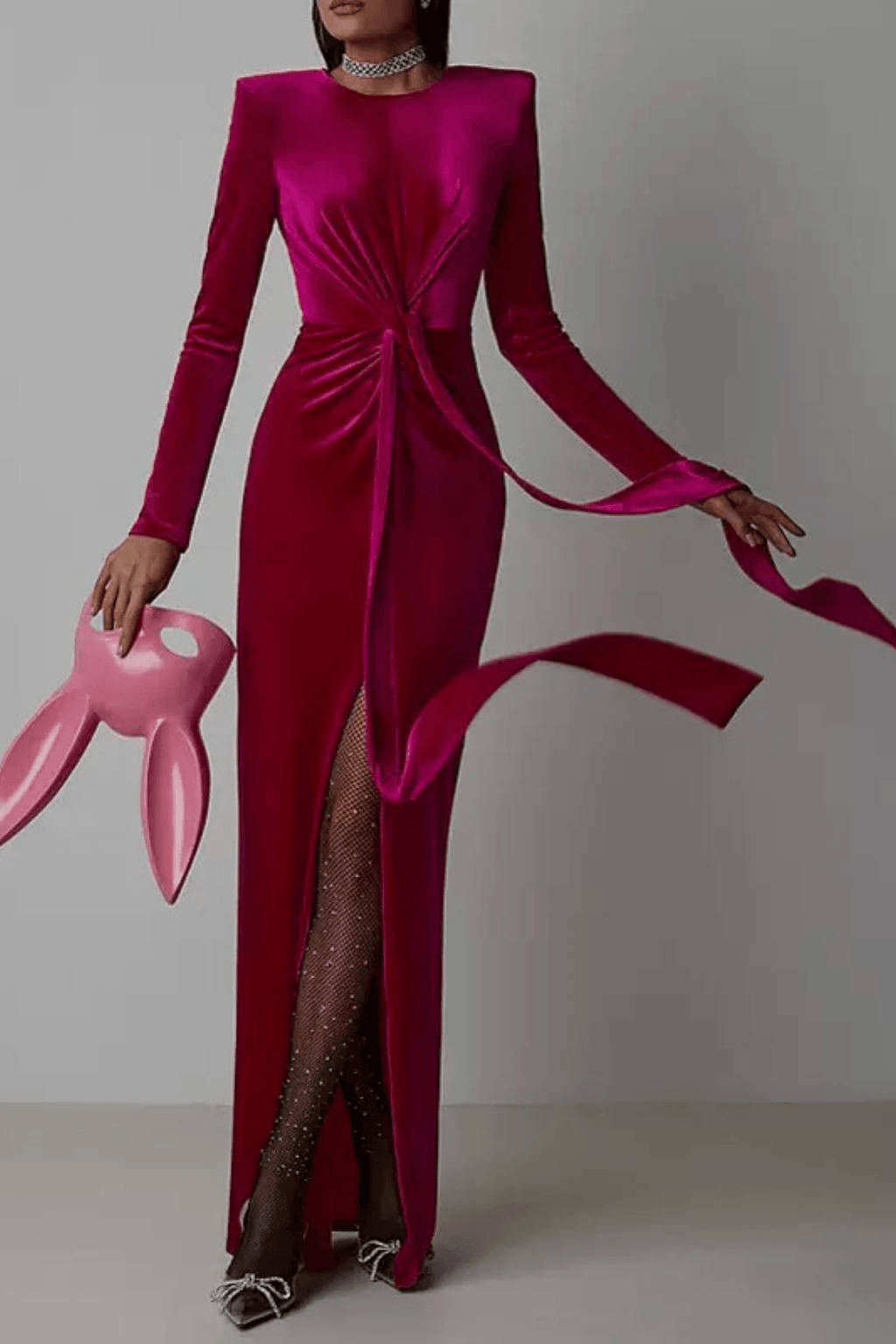 Burgundy Velvet Ruched Knot Slit Long Sleeve Dress Avalabel