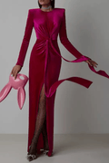 Burgundy Velvet Ruched Knot Slit Long Sleeve Dress Avalabel