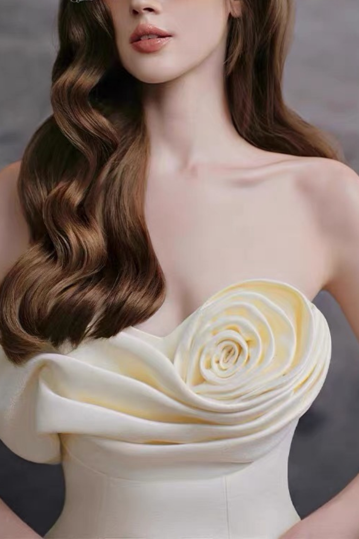 Mary Floral Strapless Satin White Dress Avalabel